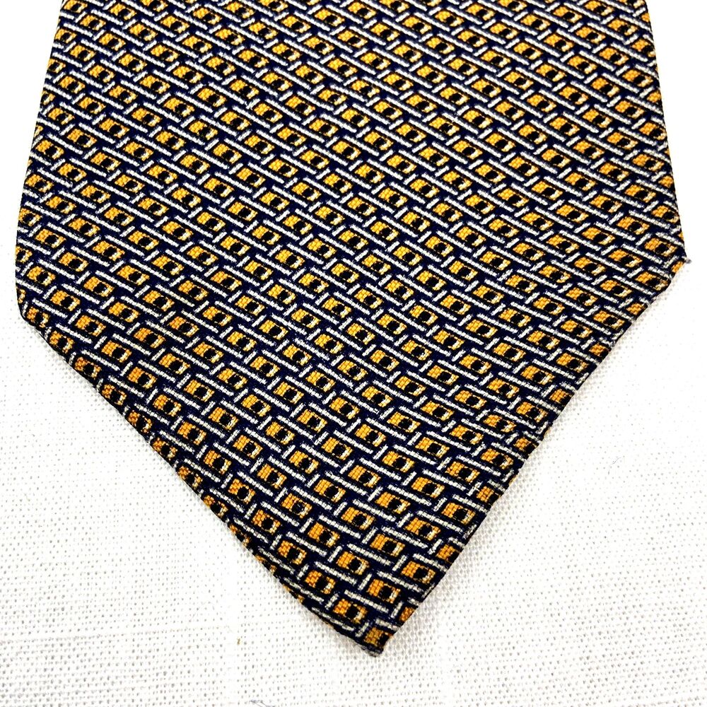 Lauren Ralph Lauren Mens Neck Tie Gold and Navy Geometric Pattern 100% Silk 56"